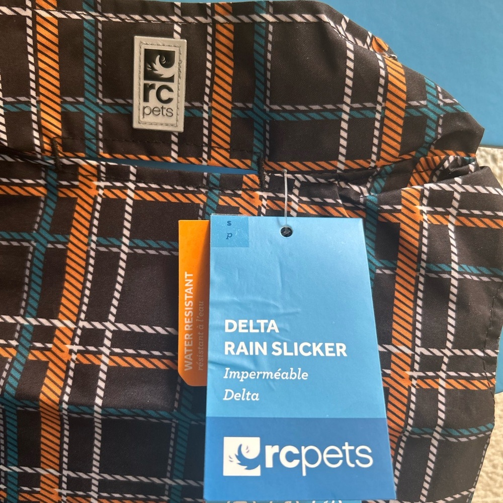 Delta Plaid Rain Slicker with Black, Orange, and Blue dog Rain coat Small NWT